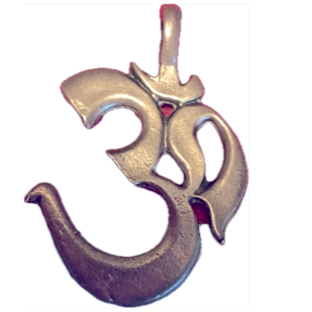 OM . . . OM . . . OM  Silver pendant on black cord